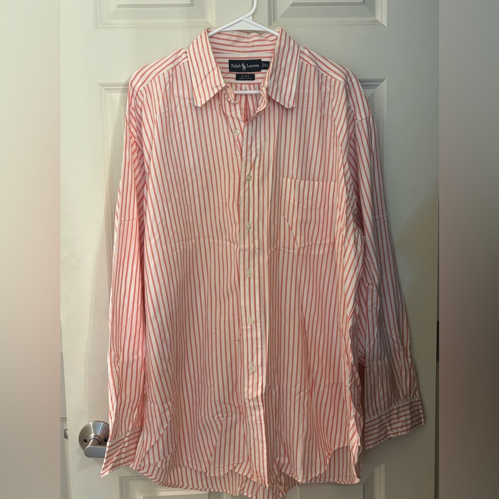 Ralph Lauren Blake 100% Cotton Striped Button Down in White/Coral, Size XL